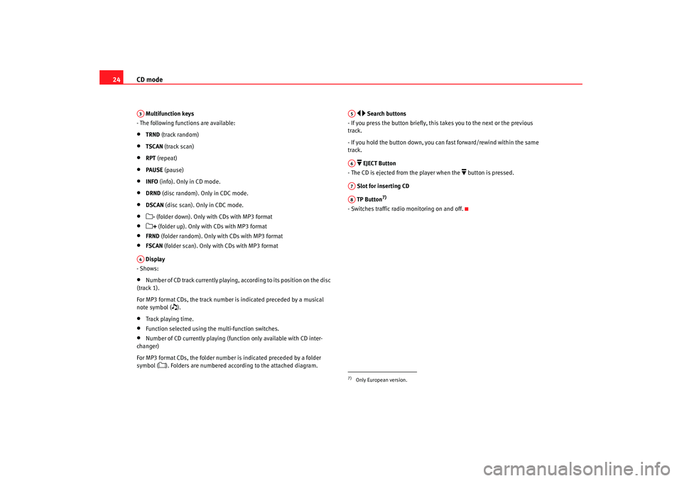 Seat Toledo 2007  RADIO MP3 CD mode
24 Multifunction keys
- The following functions are available:•
TRND  (track random)
•
TSCAN  (track scan)
•
RPT (repeat)
•
PAUSE  (pause)
•
INFO (info). Only in CD mode.
•
DRND  (