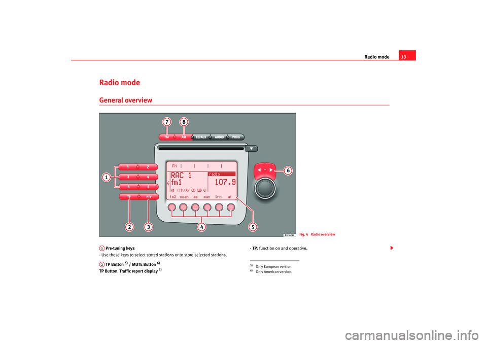 Seat Toledo 2006  RADIO MP3 Radio mode13
Radio modeGeneral overview Pre-tuning keys
- Use these keys to select stored stations or to store selected stations.
 TP Button 
5) / MUTE Button 
6)
TP Button. Traffic report display  
5