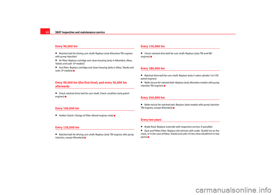 Seat Toledo 2005  Maintenance programme SEAT inspection and maintenance service
12
Every 90,000 km•
Notched belt for driving cam shaft:
 Replace (only Alhambra TDI engines 
with pump injection)•
Air filter: Replace cartridge and clean h