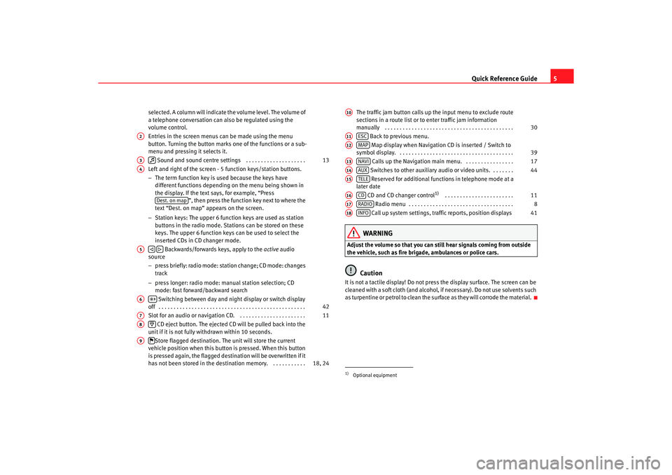 Seat Toledo 2005 RADIO-NAVIGATION MFD2 Quick Reference Guide5
selected. A column will indicate the volume level. The volume o f
a telephone conversation can also be regulated using the
volume control.
Entries in the screen menus can be Seat Toledo 2005 RADIO-NAVIGATION MFD2 Quick Reference Guide5
selected. A column will indicate the volume level. The volume o f
a telephone conversation can also be regulated using the
volume control.
Entries in the screen menus can be
