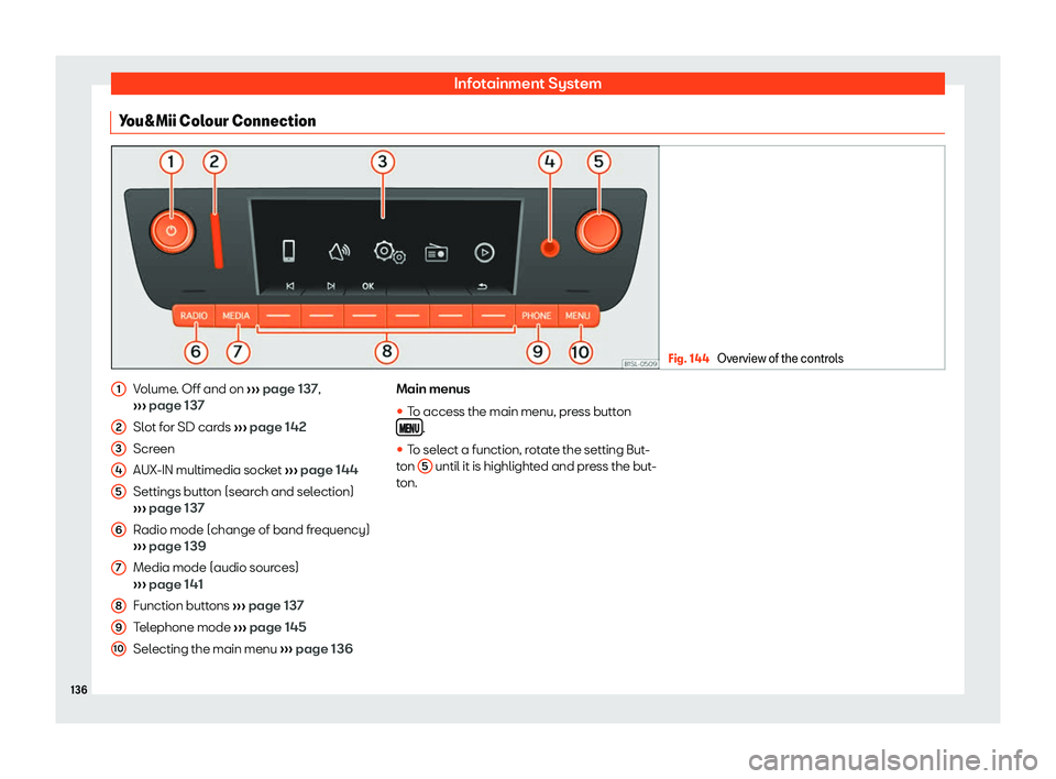 Seat Mii 2018  Owners manual Infotainment System
You&Mii Colour Connection Fig. 144 
Overview of the controls Volume. Off and on 
