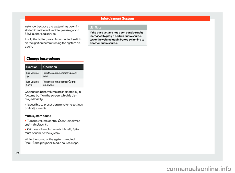 Seat Mii 2018 Owners manual Infotainment System
instance, because the system has been in-
st all
ed in a diff
erent vehicle, please go to a
SEAT authorised service.
If only the battery was disconnected, switch
on the ignition be Seat Mii 2018 Owners manual Infotainment System
instance, because the system has been in-
st all
ed in a diff
erent vehicle, please go to a
SEAT authorised service.
If only the battery was disconnected, switch
on the ignition be