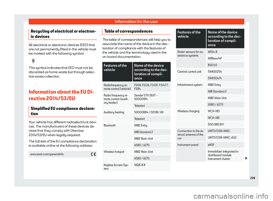 Seat Mii 2018  Owners manual Information for the user
Recycling of electrical or electron-
ic de vices All electrical or electronic devices (EED) that
are not permanently fitt
ed in the v
ehicle must
be marked with the following 
