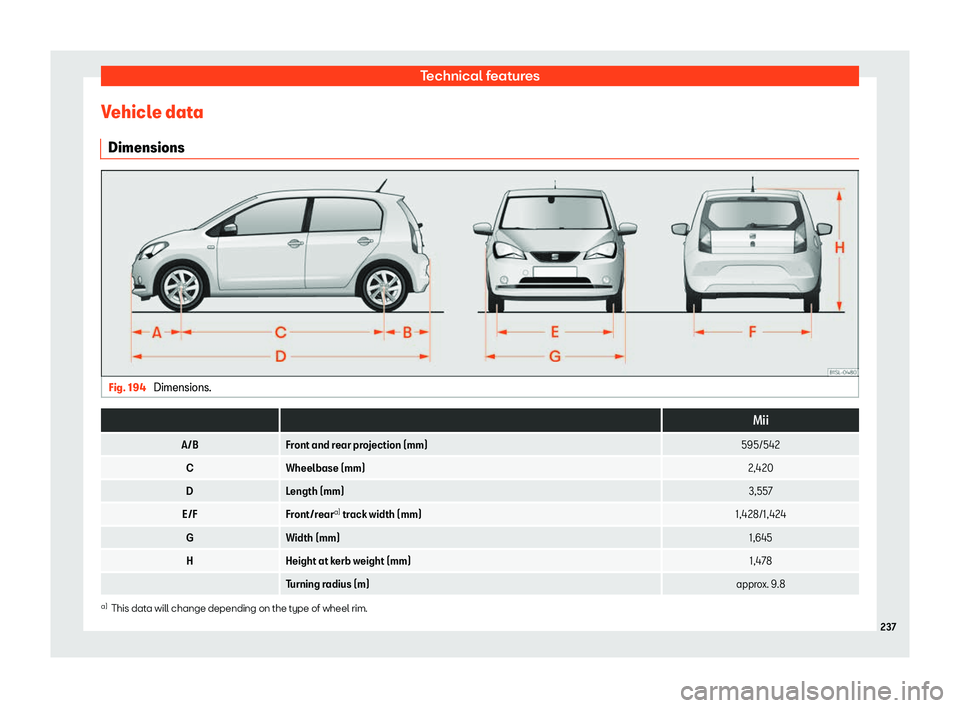 Seat Mii 2018  Owners manual Technical features
Vehicle data Dimensions Fig. 194 
Dimensions.  
  Mii
A/B Front and rear projection (mm) 595/542
C Wheelbase (mm) 2,420
D Length (mm) 3,557
E/F Front/reara)
 track width (mm) 1,428/