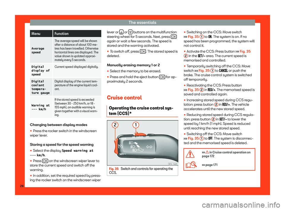 Seat Mii 2018  Owners manual The essentials
Menu Function
�A�v�e�r�a�g�e
�s�p�e�e�d The average speed will be shown
after a dist
ance of about 100 me-
tr
es has been travelled. Otherwise
horizontal lines are displayed. The
value 
