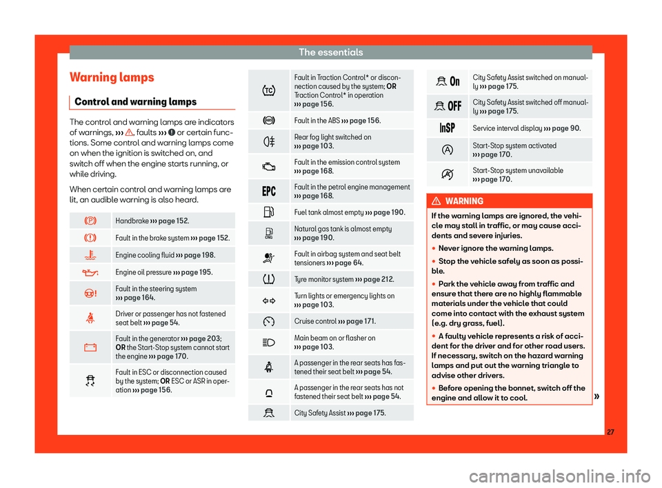 Seat Mii 2018 Owners Guide The essentials
Warning lamps Contr ol and w
arning l
ampsThe control and warning lamps are indicators
of warnings, 
