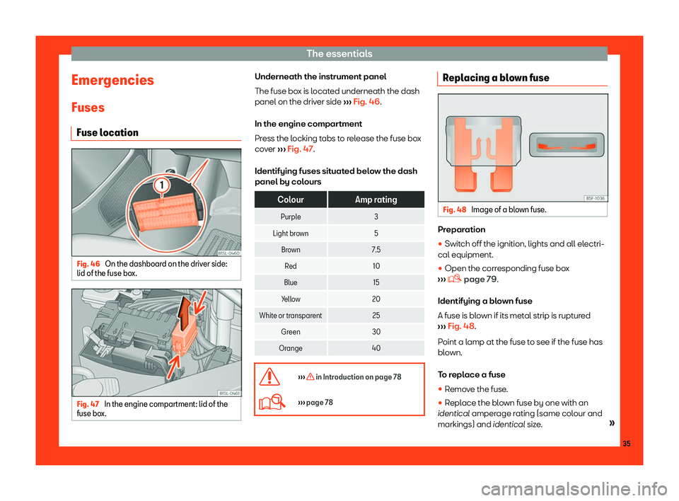Seat Mii 2018 Owners Guide The essentials
Emergencies
Fuses Fuse l ocation Fig. 46 
On the dashboard on the driver side:
lid of the fuse bo x.Fig. 47 
In the engine compartment: lid of the
fuse bo x. Underneath the instrument p