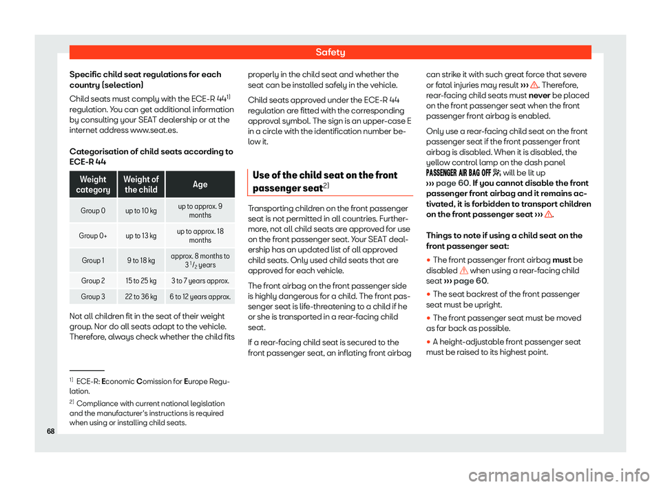 Seat Mii 2018 Owners manual Safety
Specific child seat regulations for each
country (sel ection)
Chil d seats must comply with the ECE-R 44 1)
r
egulation. You can get additional information
by consulting your SEAT dealership or Seat Mii 2018 Owners manual Safety
Specific child seat regulations for each
country (sel ection)
Chil d seats must comply with the ECE-R 44 1)
r
egulation. You can get additional information
by consulting your SEAT dealership or