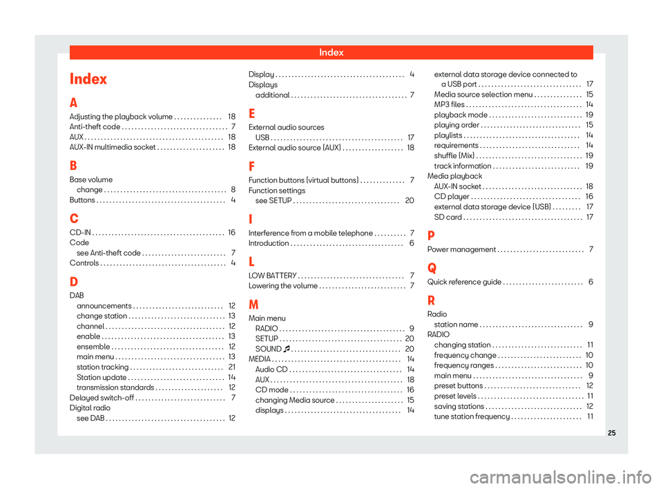 Seat Mii 2018  YOU&MII MUSIC IndexIndex
A Adjusting the playback volume . . . . . . . . . . . . . . . 18Anti-theft code . . . . . . . . . . . . . . . . . . . . . . . . . . . . . . . . . 7
AUX . . . . . . . . . . . . . . . . . . .