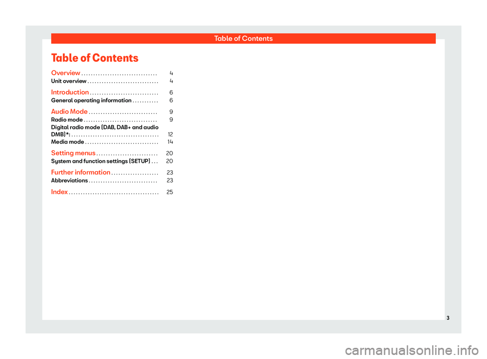 Seat Mii 2018  YOU&MII MUSIC Table of ContentsTable of ContentsOverview  . . . . . . . . . . . . . . . . . . . . . . . . . . . . . . . .4
Unit overview  . . . . . . . . . . . . . . . . . . . . . . . . . . . . . .
4
Introduction  