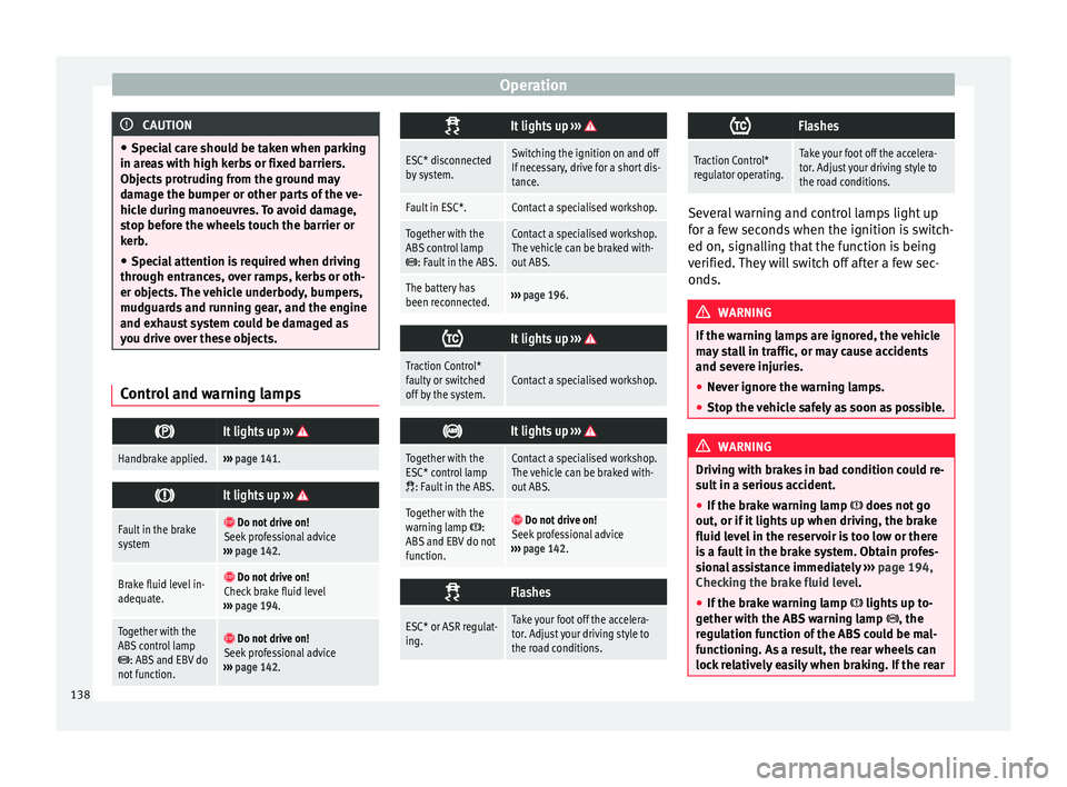 Seat Mii 2016  Owners manual Operation
CAUTION
● Spec i
al care should be taken when parking
in areas with high kerbs or fixed barriers.
Objects protruding from the ground may
damage the bumper or other parts of the ve-
hicle d