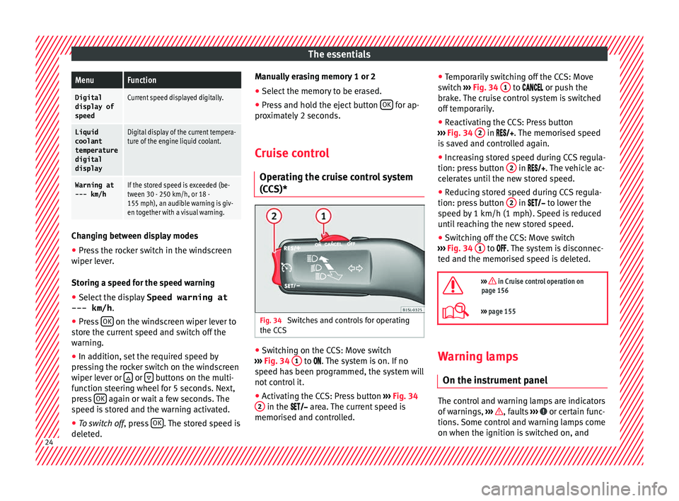 Seat Mii 2016 Owners manual The essentialsMenuFunction
Digital
display of
speedCurrent speed displayed digitally.
Liquid coolant
temperature
digital
displayDigital display of the current tempera-
ture of the engine liquid coolan Seat Mii 2016 Owners manual The essentialsMenuFunction
Digital
display of
speedCurrent speed displayed digitally.
Liquid coolant
temperature
digital
displayDigital display of the current tempera-
ture of the engine liquid coolan