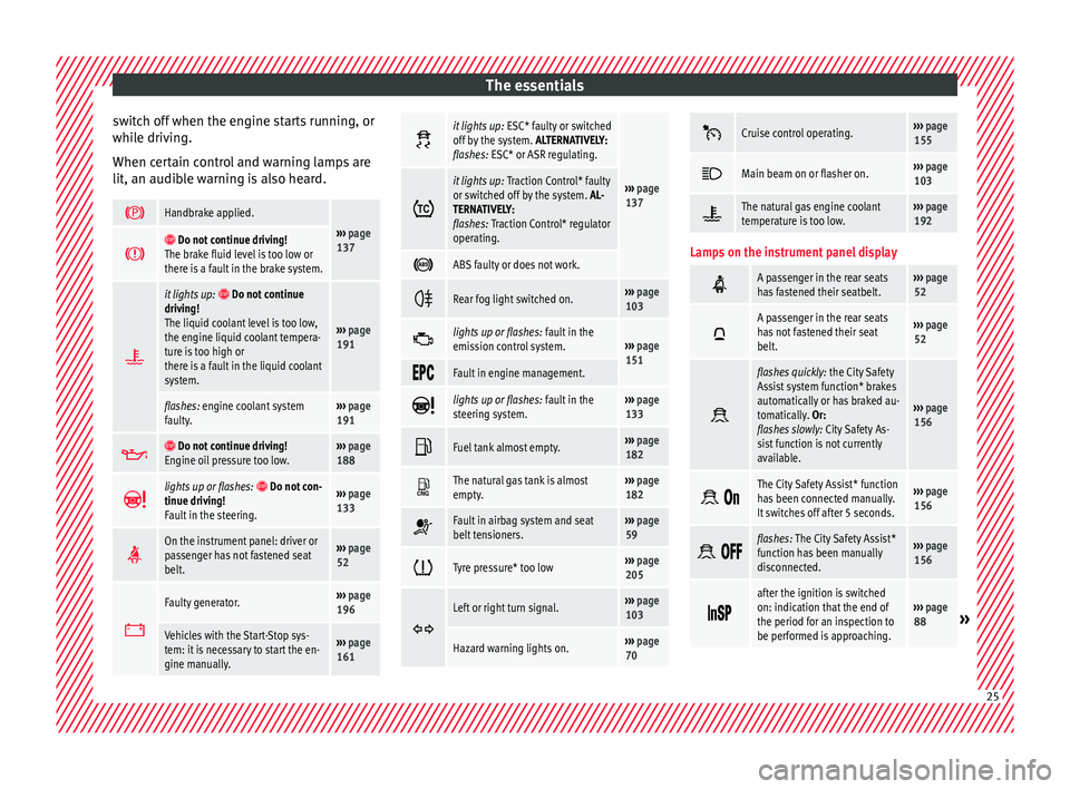 Seat Mii 2016  Owners manual The essentials
switch off when the engine starts running, or
whi l
e driv
ing.
When certain control and warning lamps are
lit, an audible warning is also heard. 
Handbrake applied.
››› 
page 