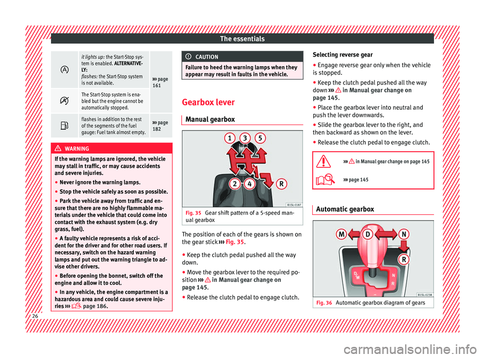 Seat Mii 2016 Owners manual The essentials
it lights up:
the Start-Stop sys-
tem is enabled. ALTERNATIVE-
LY:
flashes: the Start-Stop system
is not available.
››› page
161
The Start-Stop system is ena-
bled but Seat Mii 2016 Owners manual The essentials
it lights up:
the Start-Stop sys-
tem is enabled. ALTERNATIVE-
LY:
flashes: the Start-Stop system
is not available.
››› page
161
The Start-Stop system is ena-
bled but