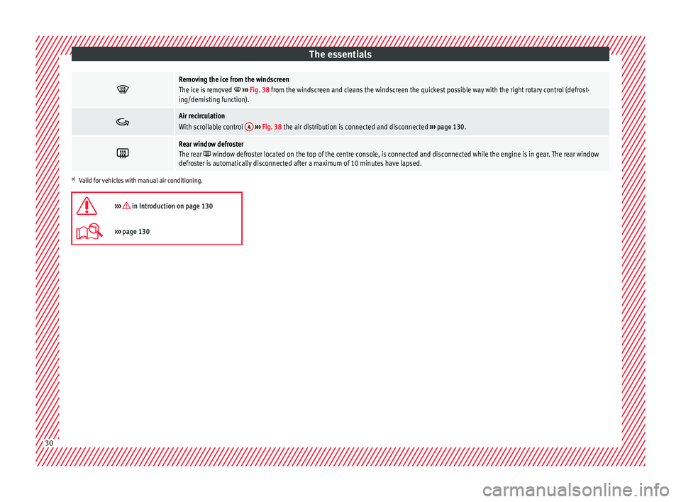 Seat Mii 2016  Owners manual The essentials
Removing the ice from the windscreen
The ice is removed  
›››  Fig. 38 from the windscreen and cleans the windscreen the quickest possible way with the right rotary control 