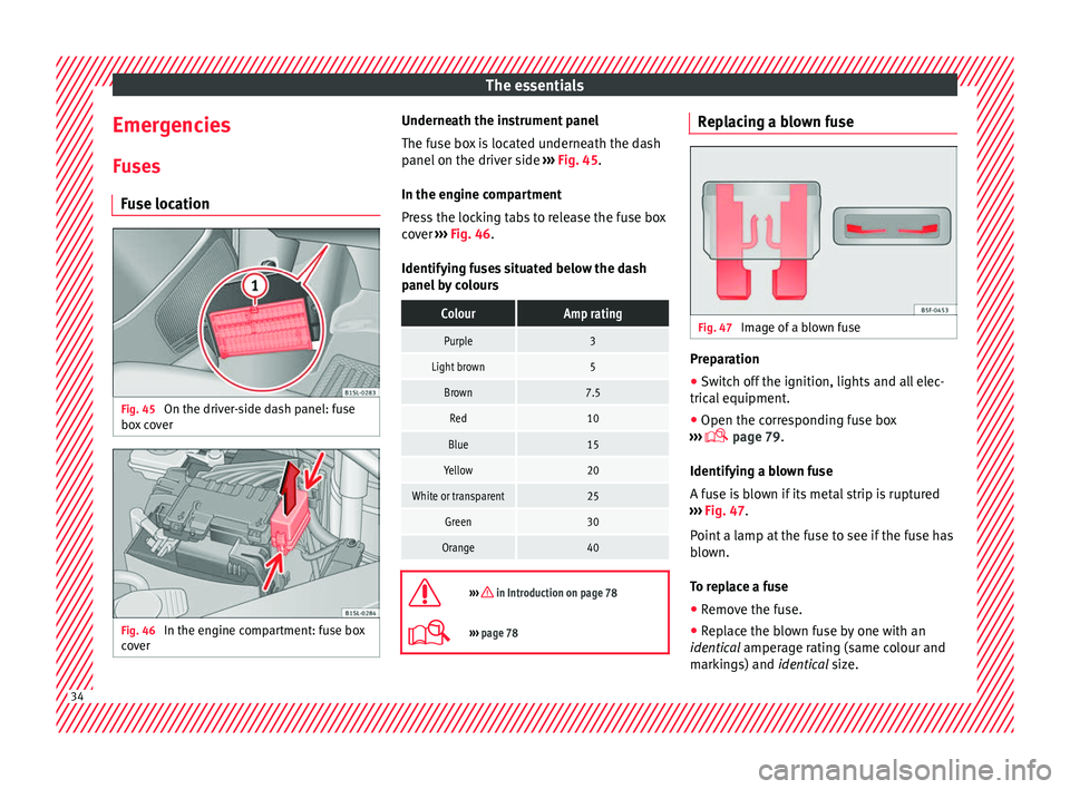 Seat Mii 2016  Owners manual The essentials
Emergencies F u
se
s
Fuse location Fig. 45 
On the driver-side dash panel: fuse
bo x
 c

over Fig. 46 
In the engine compartment: fuse box
c o v

er Underneath the instrument panel
The 