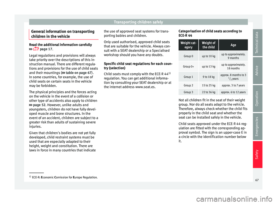 Seat Mii 2016 Repair Manual Transporting children safely
General information on transporting
c hi
l
dren in the vehicle Read the additional information carefully
›› ›

  page 17.
Legal regulations and provisions will al