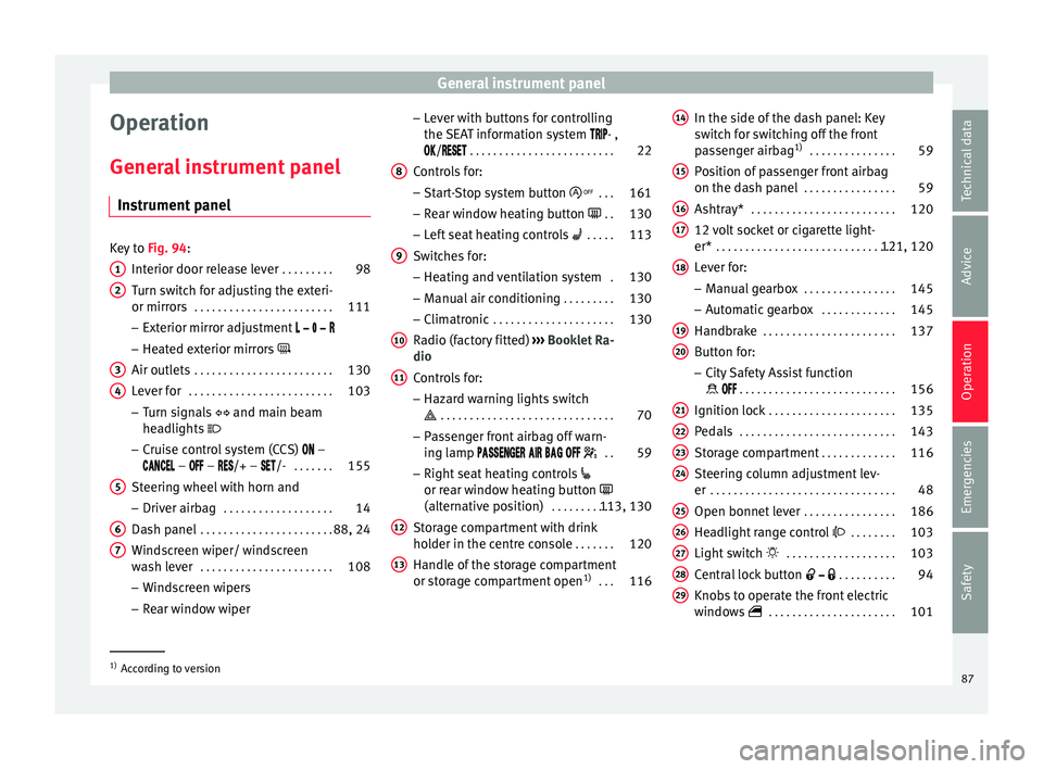 Seat Mii 2016 Owners manual General instrument panel
Operation
Gener a
l
instrument panel
Instrument panel Key to
Fig. 94:
Interior door r el
ease lever . . . . . . . . . 98
Turn switch for adjusting the exteri-
or mirrors . Seat Mii 2016 Owners manual General instrument panel
Operation
Gener a
l
instrument panel
Instrument panel Key to
Fig. 94:
Interior door r el
ease lever . . . . . . . . . 98
Turn switch for adjusting the exteri-
or mirrors .