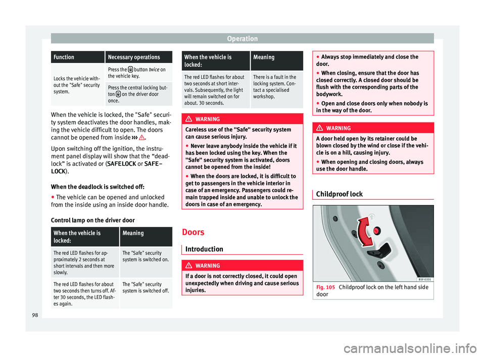 Seat Mii 2016 Owners manual OperationFunctionNecessary operations
Locks the vehicle with-
out the "Safe" security
system.
Press the button twice on
the vehicle key.
Press the central locking but-
ton on the drive Seat Mii 2016 Owners manual OperationFunctionNecessary operations
Locks the vehicle with-
out the "Safe" security
system.
Press the button twice on
the vehicle key.
Press the central locking but-
ton on the drive
