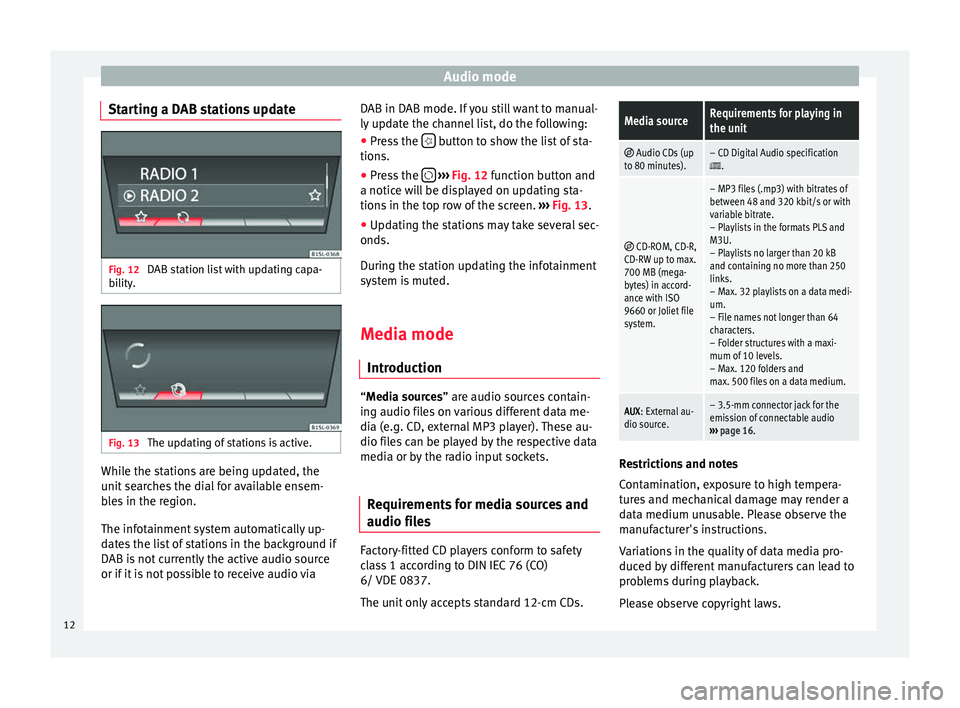 Seat Mii 2016  YOU&MII MUSIC Audio mode
Starting a DAB stations update Fig. 12 
DAB station list with updating capa-
bi lity
. Fig. 13 
The updating of stations is active. While the stations are being updated, the
u
nit
 se

arch