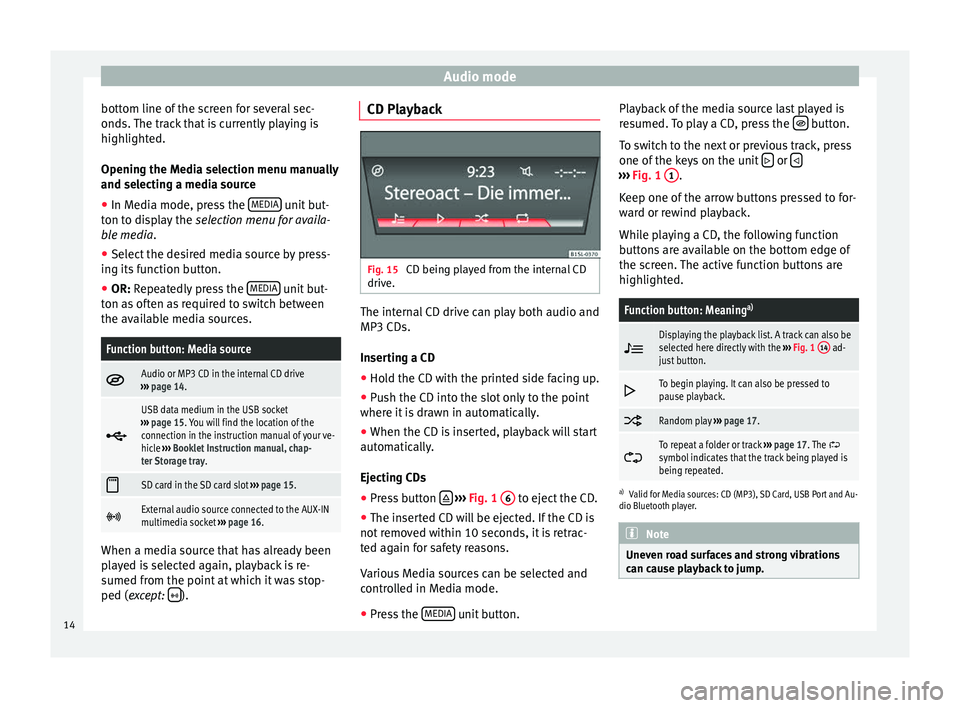 Seat Mii 2016  YOU&MII MUSIC Audio mode
bottom line of the screen for several sec-
ond s. 
The tr
ack that is currently playing is
highlighted.
Opening the Media selection menu manually
and selecting a media source
● In Media m