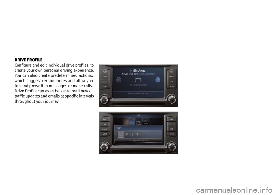 Seat Mii 2016  Apps DRIVE PROFILE
Configure and edit individual drive profiles, to 
create your own personal driving experience. 
You can also create predetermined actions, 
which suggest certain routes and allow you  
t