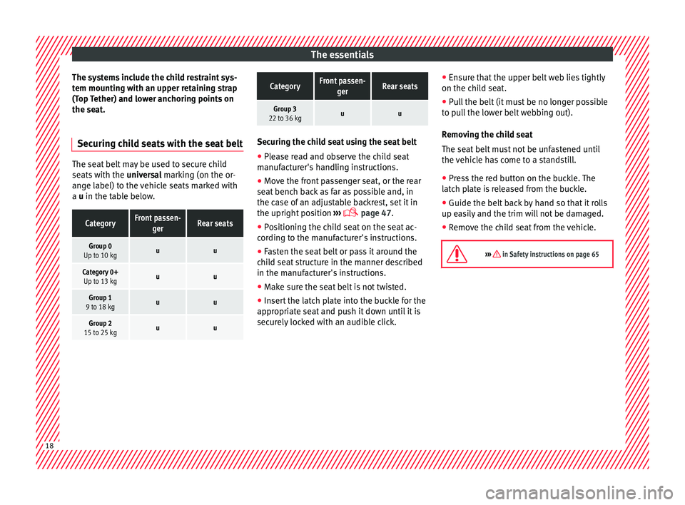 Seat Mii 2015 User Guide The essentials
The systems include the child restraint sys-
t em mou
ntin
g with an upper retaining strap
(Top Tether) and lower anchoring points on
the seat.
Securing child seats with the seat belt T Seat Mii 2015 User Guide The essentials
The systems include the child restraint sys-
t em mou
ntin
g with an upper retaining strap
(Top Tether) and lower anchoring points on
the seat.
Securing child seats with the seat belt T