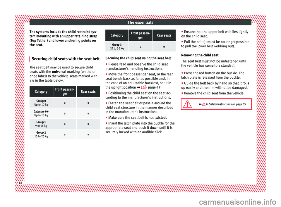 Seat Mii 2015  Owners manual The essentials
The systems include the child restraint sys-
t em mou
ntin
g with an upper retaining strap
(Top Tether) and lower anchoring points on
the seat.
Securing child seats with the seat belt T