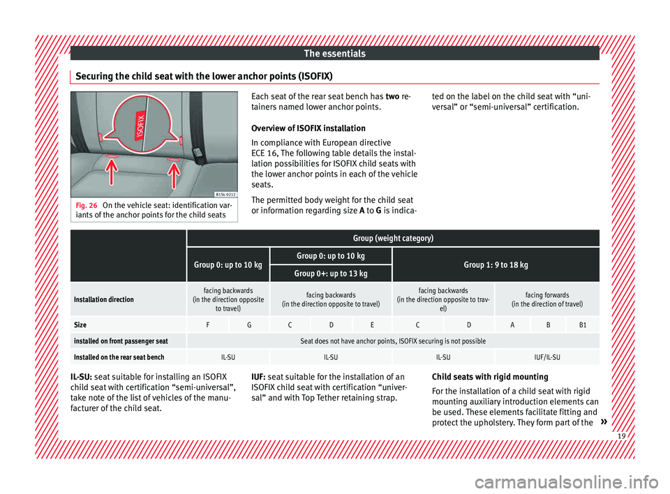 Seat Mii 2015 Owners Guide The essentials
Securing the child seat with the lower anchor points (ISOFIX) Fig. 26 
On the vehicle seat: identification var-
iants  of
 the anchor points for the child seats Each seat of the rear se