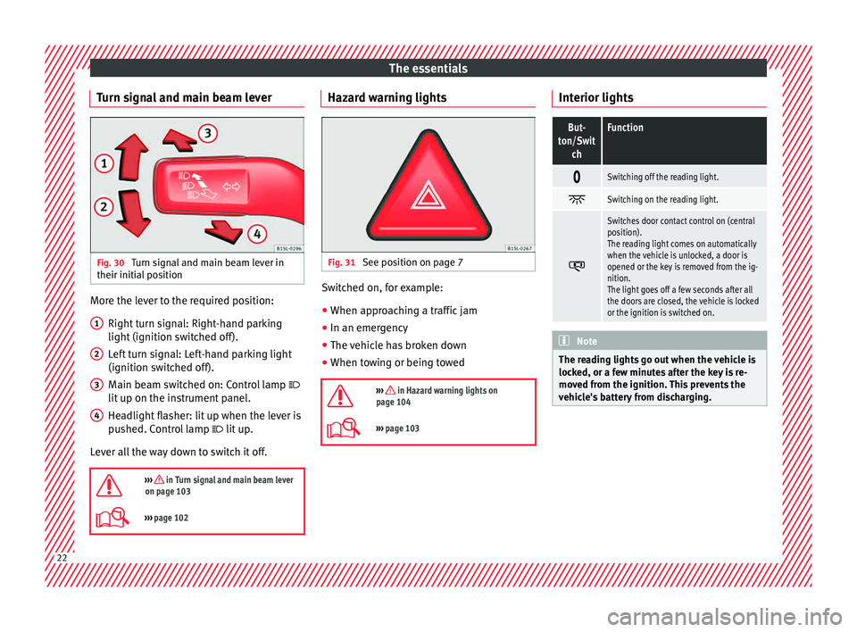 Seat Mii 2015  Owners manual The essentials
Turn signal and main beam lever Fig. 30 
Turn signal and main beam lever in
their initi al
 po
sition More the lever to the required position:
Right  t
urn s

ignal: Right-hand parking
