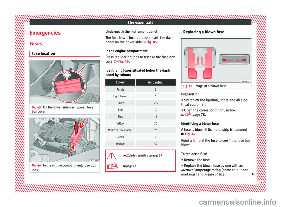 Seat Mii 2015 Owners manual The essentials
Emergencies F u
se
s
Fuse location Fig. 45
On the driver-side dash panel: fuse
bo x
c
over Fig. 46
In the engine compartment: fuse box
c o v
er Underneath the instrument panel
The Seat Mii 2015 Owners manual The essentials
Emergencies F u
se
s
Fuse location Fig. 45
On the driver-side dash panel: fuse
bo x
c
over Fig. 46
In the engine compartment: fuse box
c o v
er Underneath the instrument panel
The