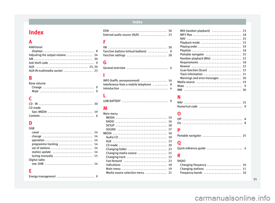Seat Mii 2015 SOUND SYSTEM 1.X Index
Index
A
Ad dition
al
di
splays . . . . . . . . . . . . . . . . . . . . . . . . . . . . . . . . . 8
Adjusting the output volume . . . . . . . . . . . . . . . . . 24
AM . . . . . . . . . . . . Seat Mii 2015 SOUND SYSTEM 1.X Index
Index
A
Ad dition
al
di
splays . . . . . . . . . . . . . . . . . . . . . . . . . . . . . . . . . 8
Adjusting the output volume . . . . . . . . . . . . . . . . . 24
AM . . . . . . . . . . . .
