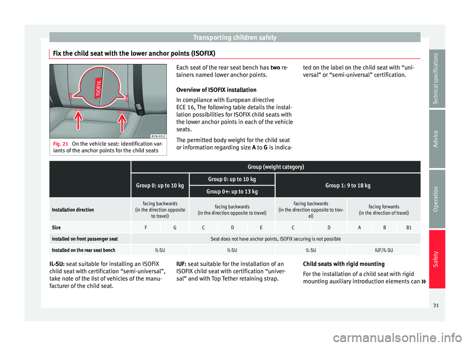 Seat Mii 2014 User Guide Transporting children safely
Fix the child seat with the lower anchor points (ISOFIX) Fig. 21
On the vehicle seat: identification var-
iants of the anchor points for the child seats Each seat of the Seat Mii 2014 User Guide Transporting children safely
Fix the child seat with the lower anchor points (ISOFIX) Fig. 21
On the vehicle seat: identification var-
iants of the anchor points for the child seats Each seat of the