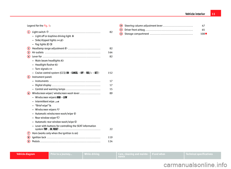 Seat Mii 2013  Owners manual 11
Vehicle interior
Legend for the Fig. 5: Light switch   . . . . . . . . . . . . . . . . . . . . . . . . . . . . . . . . . . . . . . . . . . . . 82
– Light off or daytime driving light - -
�