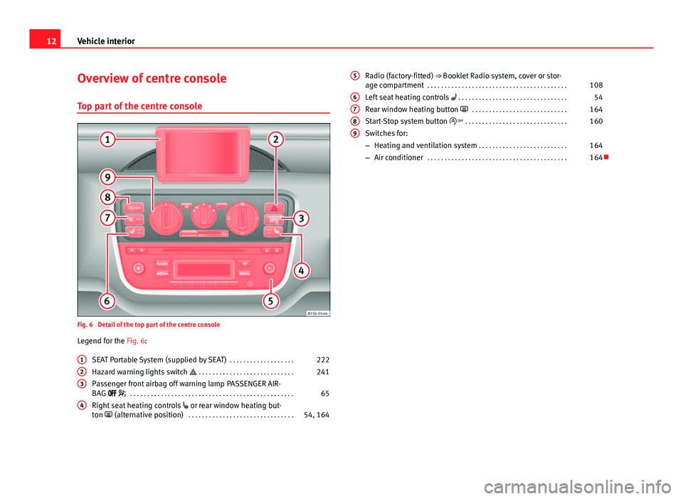 Seat Mii 2013  Owners manual 12Vehicle interior
Overview of centre console
Top part of the centre console
Fig. 6  Detail of the top part of the centre console
Legend for the Fig. 6:
SEAT Portable System (supplied by SEAT)  . . . 