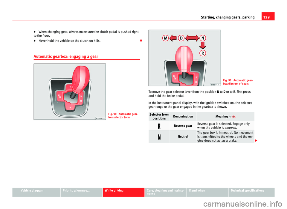Seat Mii 2013 Repair Manual 129
Starting, changing gears, parking
● When changing gear, always make sure the clutch pedal is pushed right
to the floor.
● Never hold the vehicle on the clutch on hills.
Automatic gearbox: Seat Mii 2013 Repair Manual 129
Starting, changing gears, parking
● When changing gear, always make sure the clutch pedal is pushed right
to the floor.
● Never hold the vehicle on the clutch on hills.
Automatic gearbox: