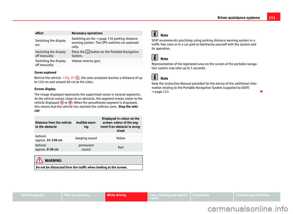 Seat Mii 2013 Owners manual 151
Driver assistance systems
effectNecessary operations
Switching the display
on:Switching on the ⇒ page 150 parking distance
warning system. The OPS switches on automati-
cally.
Switching the di Seat Mii 2013 Owners manual 151
Driver assistance systems
effectNecessary operations
Switching the display
on:Switching on the ⇒ page 150 parking distance
warning system. The OPS switches on automati-
cally.
Switching the di