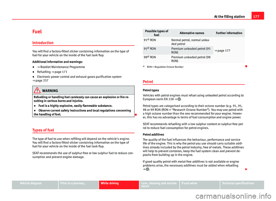 Seat Mii 2013 Owners manual 177
At the filling station
Fuel
Introduction
You will find a factory-fitted sticker containing information on the type of
fuel for your vehicle on the inside of the fuel tank flap.
Additional informat Seat Mii 2013 Owners manual 177
At the filling station
Fuel
Introduction
You will find a factory-fitted sticker containing information on the type of
fuel for your vehicle on the inside of the fuel tank flap.
Additional informat