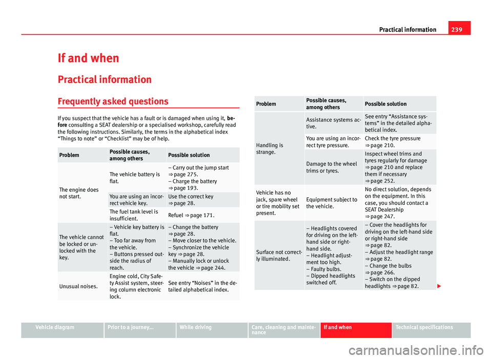 Seat Mii 2013  Owners manual 239
Practical information
If and when
Practical information
Frequently asked questions
If you suspect that the vehicle has a fault or is damaged when using it,  be-
fore consulting a SEAT dealership o