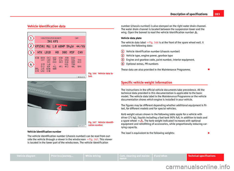 Seat Mii 2013 Owners manual 283
Description of specifications
Vehicle identification data
Fig. 166 Vehicle data la-
bel:
Fig. 167 Vehicle identifi-
cation number
Vehicle identification number
The vehicle identification number Seat Mii 2013 Owners manual 283
Description of specifications
Vehicle identification data
Fig. 166 Vehicle data la-
bel:
Fig. 167 Vehicle identifi-
cation number
Vehicle identification number
The vehicle identification number