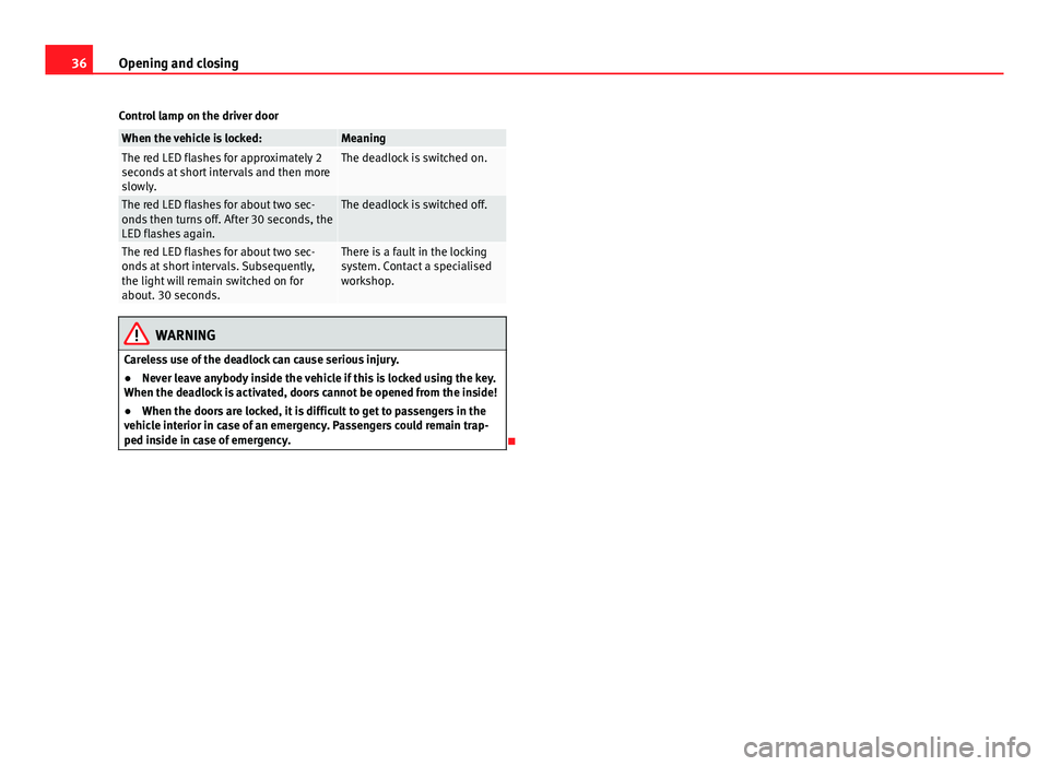 Seat Mii 2013  Owners manual 36Opening and closing
Control lamp on the driver door
When the vehicle is locked:MeaningThe red LED flashes for approximately 2
seconds at short intervals and then more
slowly.The deadlock is switched