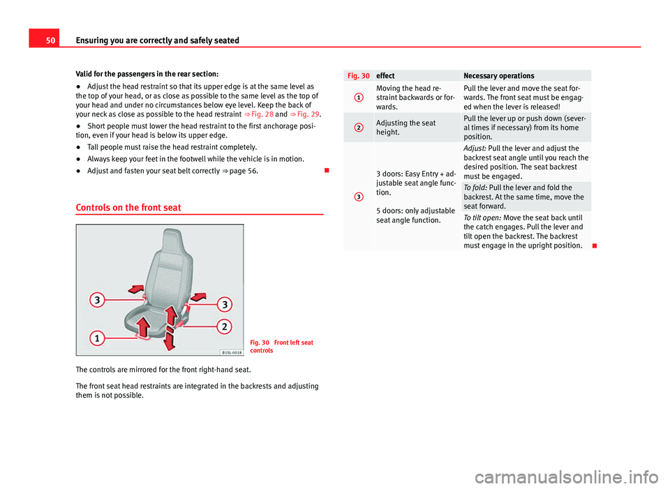 Seat Mii 2013 Workshop Manual 50Ensuring you are correctly and safely seated
Valid for the passengers in the rear section:
● Adjust the head restraint so that its upper edge is at the same level as
the top of your head, or as cl Seat Mii 2013 Workshop Manual 50Ensuring you are correctly and safely seated
Valid for the passengers in the rear section:
● Adjust the head restraint so that its upper edge is at the same level as
the top of your head, or as cl