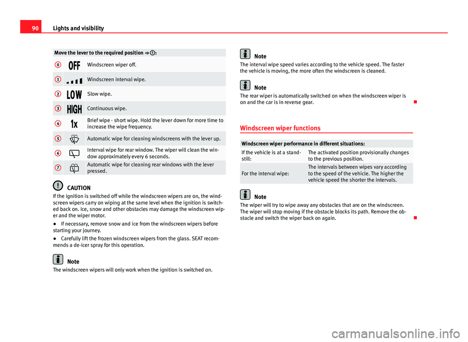 Seat Mii 2013 Owners Manual 90Lights and visibility
Move the lever to the required position ⇒ :
0Windscreen wiper off.
1Windscreen interval wipe.
2Slow wipe.
3Continuous wipe.
4Brief wi Seat Mii 2013 Owners Manual 90Lights and visibility
Move the lever to the required position ⇒ :
0Windscreen wiper off.
1Windscreen interval wipe.
2Slow wipe.
3Continuous wipe.
4Brief wi