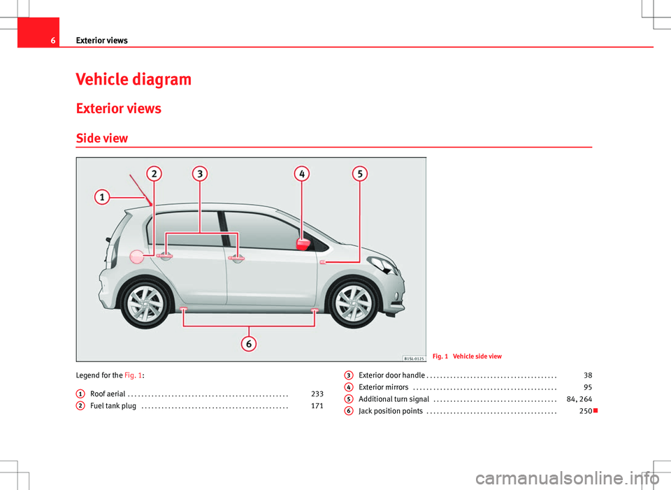 Seat Mii 2012  Owners manual 6Exterior views
Vehicle diagram
Exterior views
Side view
Fig. 1  Vehicle side view
Legend for the Fig. 1: Roof aerial  . . . . . . . . . . . . . . . . . . . . . . . . . . . . . . . . . . . . . . . . .