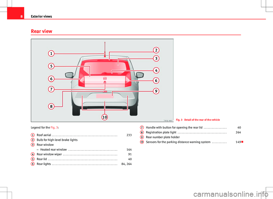 Seat Mii 2012  Owners manual 8Exterior views
Rear view
Fig. 3  Detail of the rear of the vehicle
Legend for the Fig. 3: Roof aerial  . . . . . . . . . . . . . . . . . . . . . . . . . . . . . . . . . . . . . . . . . . . . . . . . 