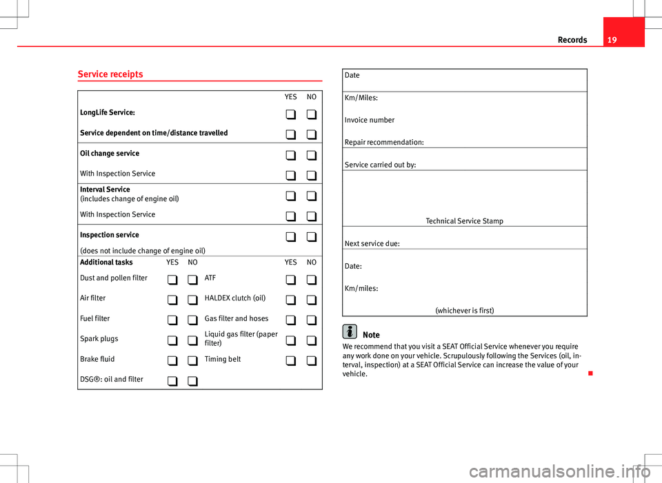 Seat Mii 2012  Maintenance programme 19RecordsService receipts YESNOLongLife Service:Service dependent on time/distance travelledOil change serviceWith Inspection ServiceInterval Service(includes change of engine 