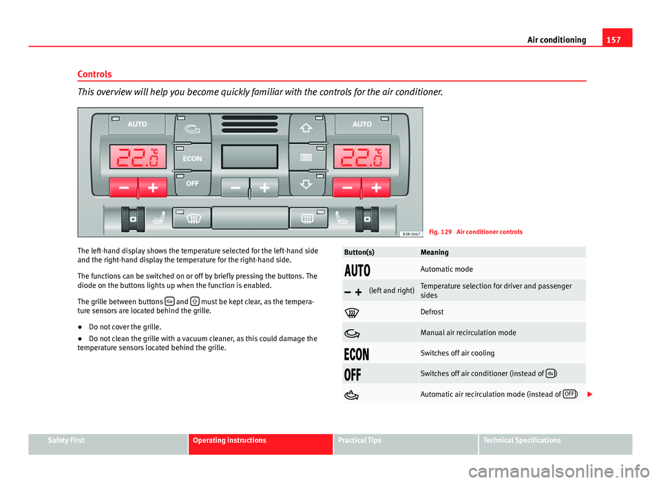 Seat Exeo 2013  Owners manual 157
Air conditioning
Controls
This overview will help you become quickly familiar with the controls for the air conditioner.
Fig. 129  Air conditioner controls
The left-hand display shows the temperat