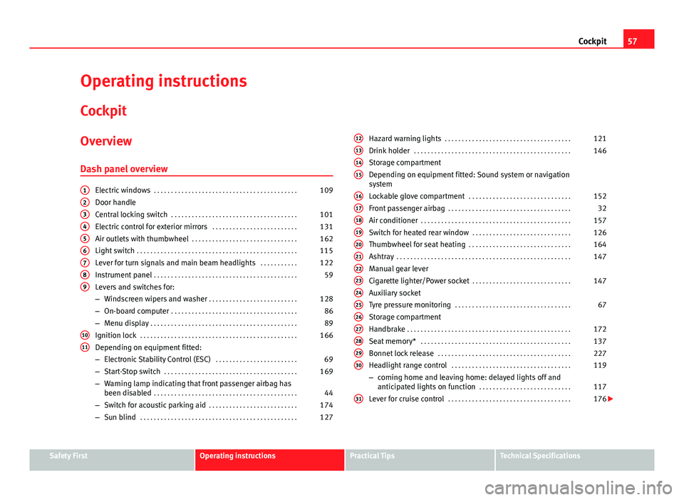 Seat Exeo 2013  Owners manual 57
Cockpit
Operating instructions Cockpit
Overview Dash panel overview
Electric windows  . . . . . . . . . . . . . . . . . . . . . . . . . . . . . . . . . . . . . . . . . . 109
Door handle
Central loc