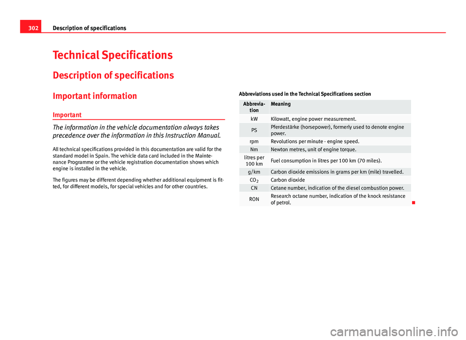 Seat Exeo ST 2013 Owners manual 302Description of specifications
Technical Specifications
Description of specifications
Important information
Important
The information in the vehicle documentation always takes
precedence over the in Seat Exeo ST 2013 Owners manual 302Description of specifications
Technical Specifications
Description of specifications
Important information
Important
The information in the vehicle documentation always takes
precedence over the in