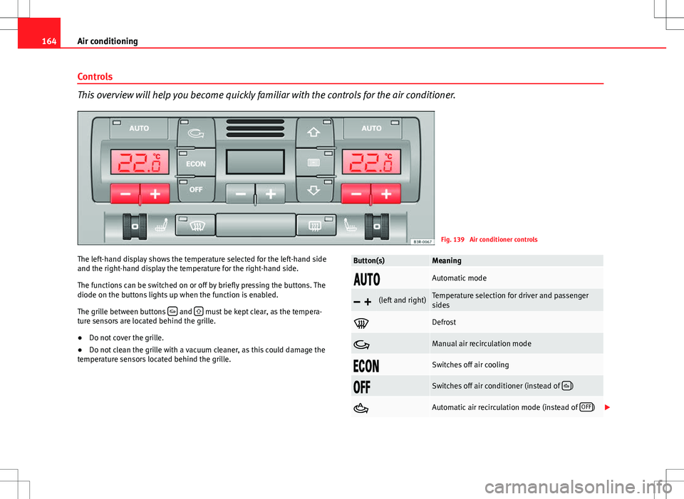 Seat Exeo ST 2012  Owners manual 164Air conditioning
Controls
This overview will help you become quickly familiar with the controls for the air conditioner.
Fig. 139  Air conditioner controls
The left-hand display shows the temperatu